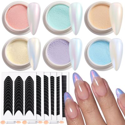 Fcozpjk Chrome Nail Powder Set With French Tips Nail Stickers, 6 Colors Translucent Chrome Nail Powder Bling French Tip Nails Summer Mermaid Nails Iridescent Nail Glitter Nail Supplies for Women