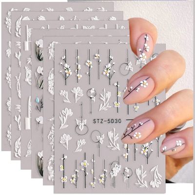 5D Embossed Flowers Nail Stickers for Acrylic Nails, 6 Sheets Engraved Flower Nail Decals for Spring/Summer Nail Art Accessories with French Tips and Butterfly Designs
