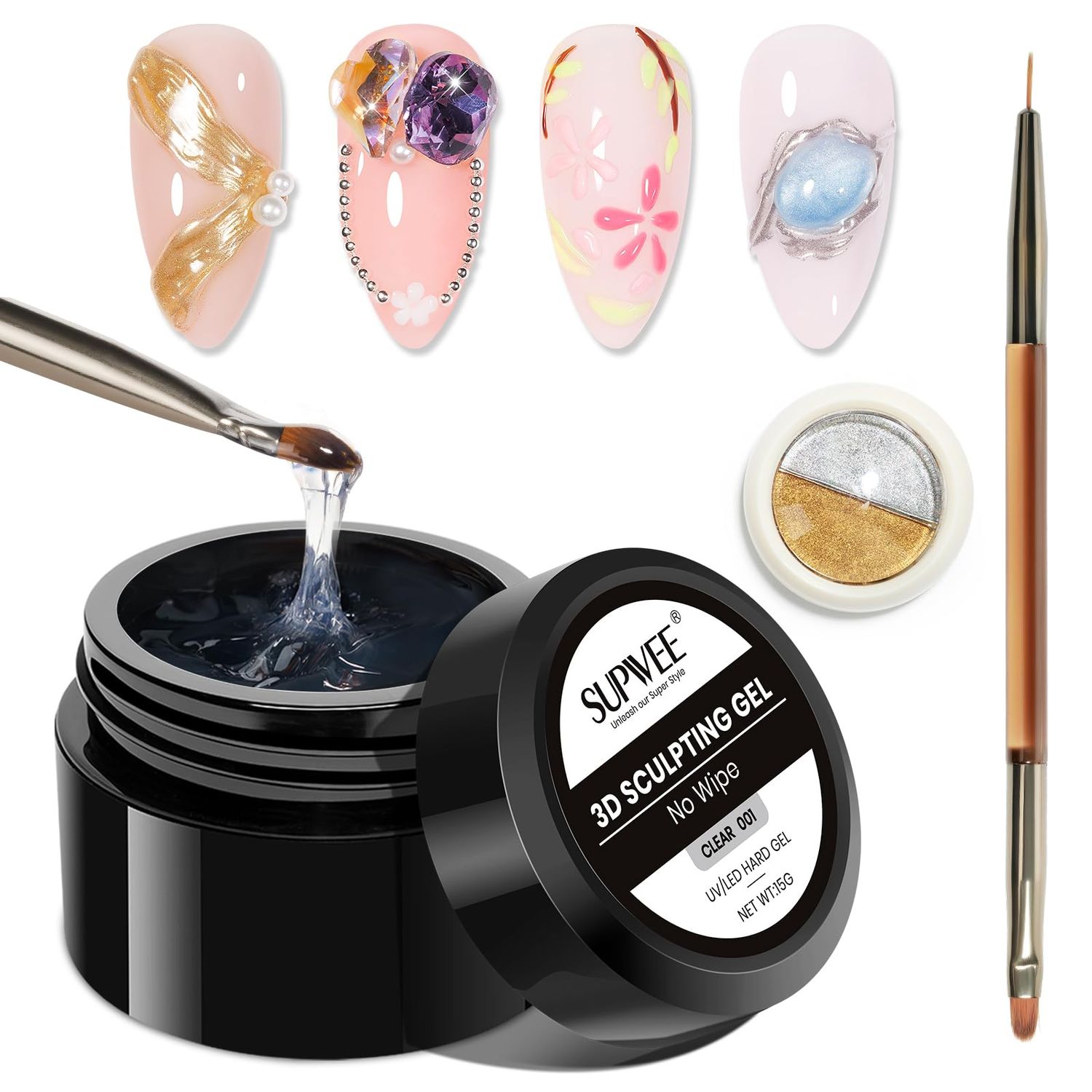 SUPWEE 3D Sculpting Gel for Nail Art Chrome Powder No Wipe , Clear Semi-solid Modeling Carving Structure Nail Gel Suitable for Sticking Rhinestones and Painting