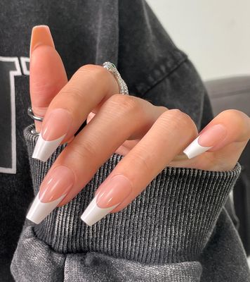 Morily Light Pink White French Tip Press on Nails, 30Pcs Long Coffin Thicker Fake Nails Reusable False Nails with Design, Glossy Acrylic Stick on Nails for Women, 15 Sizes, Include Glass File