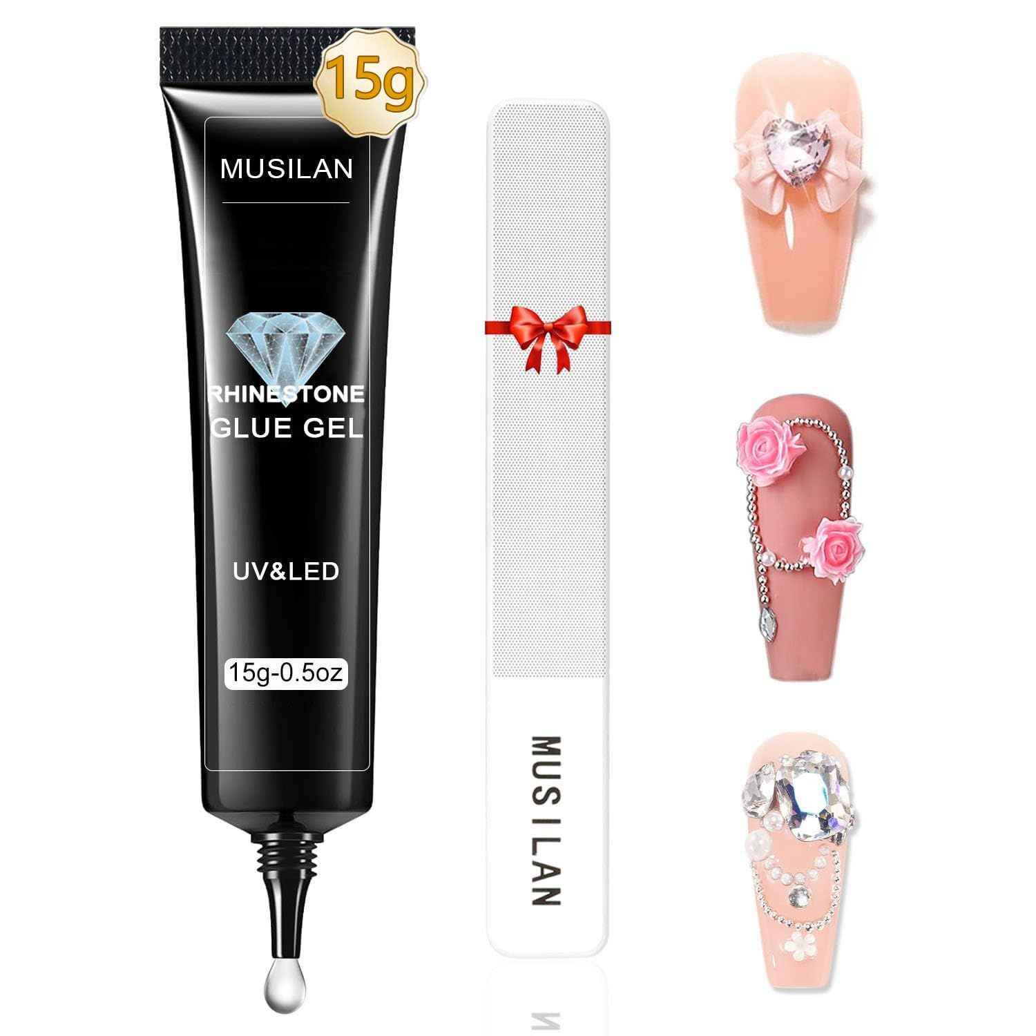 MUSILAN Nail Rhinestone Glue,Super Strong Rhinestones Gel Nail Glue for 3D Nails Beads Stickers Stones Crystals Diamond Art Jewels 3D Decorations Tools,Cured Need