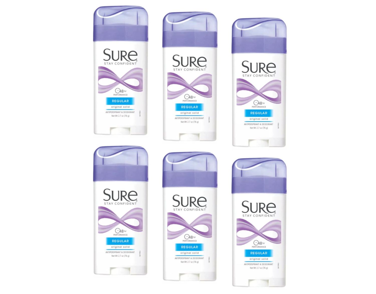 SURE, Antiperspirant Deodorant, Solid, Regular, 2.6 oz., (6 Pack)