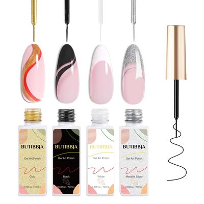 BUTIBBJA Gel Liner Nail Art Polish Set 4 Pcs,Black White Gold Silver Glitters Colors, with Thin Nail Art Brush in Bottle,Use with Soak off Led Lamp,Each 0.33fl.oz