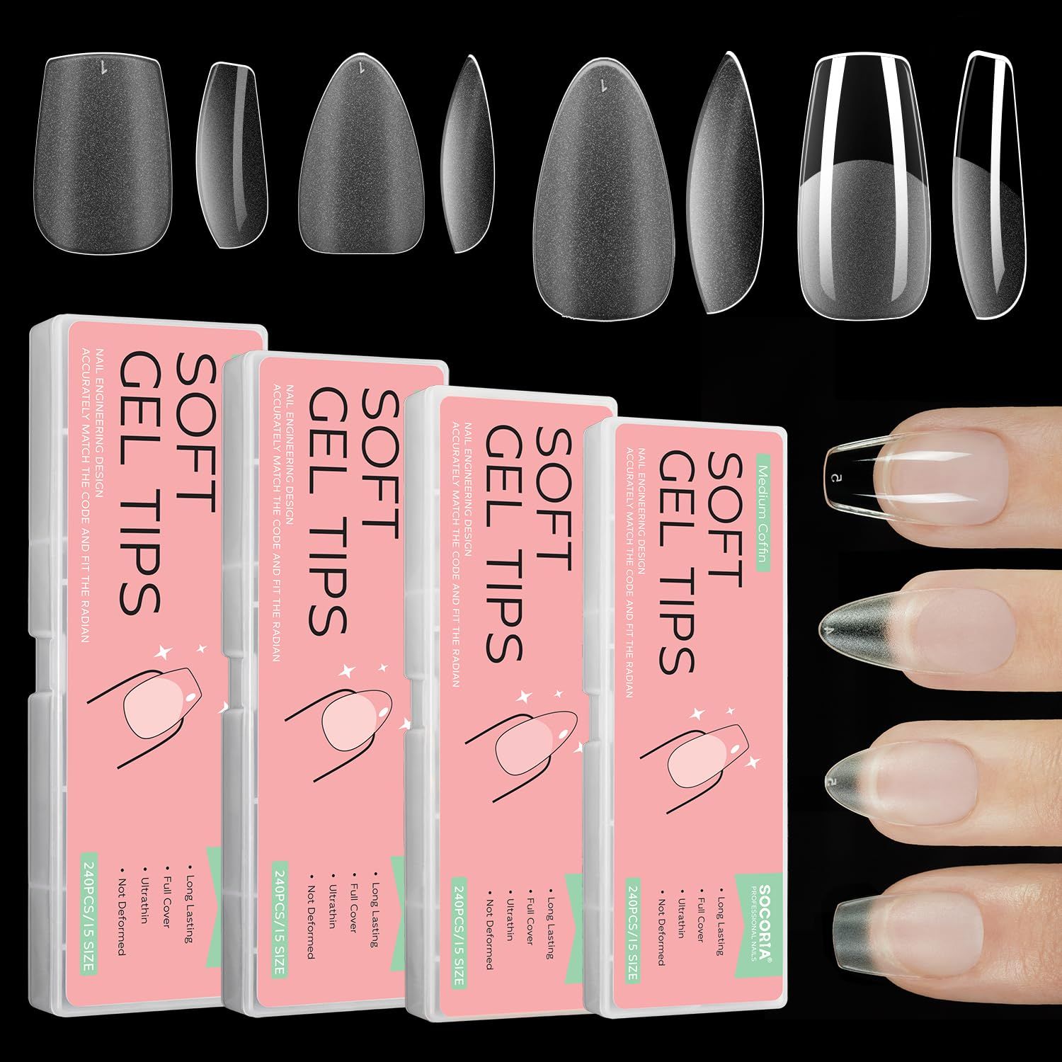 SOCORIA 960Pcs Soft Gel X False Nail Tips, 4 Styles Kit Short Coffin Short Almond Medium Coffin and Medium Almond Pre-shaped Matte Full Cover Acrylic Fake Nail Set 15 Sizes