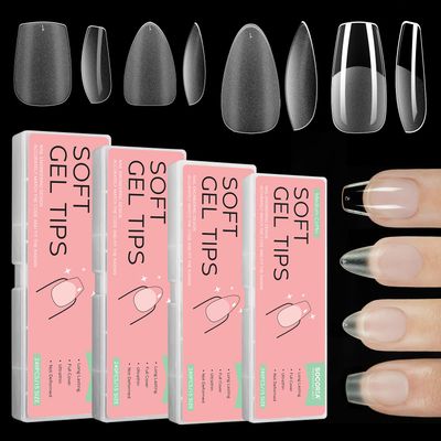 SOCORIA 960Pcs Soft Gel X False Nail Tips, 4 Styles Kit Short Coffin Short Almond Medium Coffin and Medium Almond Pre-shaped Matte Full Cover Acrylic Fake Nail Set 15 Sizes