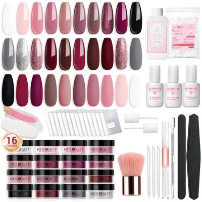 AZUREBEAUTY Dip Powder Nail Kit 16 Colors Glitter Pink with Top/Base Coat Activator Nail Remover Professional Dip Powder Liquid Set for Home Salon Gifts
