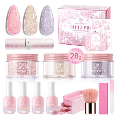 AZUREBEAUTY 3 Colors Glitter Dip Powder Kit, Odorless Clear Liquid Set with Base, Activator, Top Coat &amp; Brush Saver for Nude, Purple, Pink, DIY Salon Gifts for Women