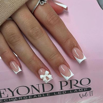 Mkwntg French Tip Press on Nails Short Square Fake Nails Nude False Nails with 3D Resin Bow Charm Designs Glossy White French Glue on Nails Cute Bow Stick on Nails for Women Girls 24Pcs