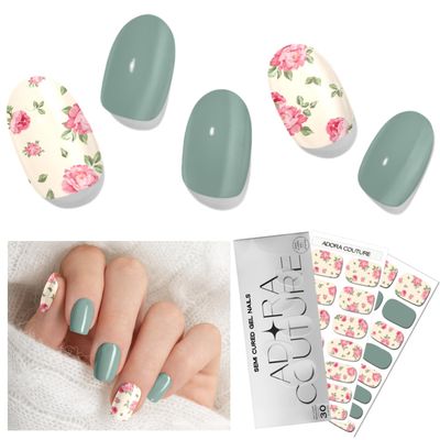 Adora Couture Semi Cured Gel Nail Strips with 30 Pieces, Salon Quality Wraps for Women, Glossy Pink Flower with Green Sage UV Gel Stickers, UV Light Required, Vintage Flowers A
