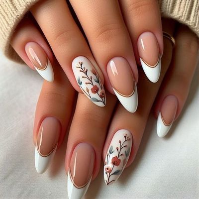 French Tip Press on Nails Flower Fake Nails Medium Almond Acrylic Nails Glossy Full Cover False Nails with Designs Cute Floral Stick on Nails Spring Glue on Nails for Women DIY Nail Decorations