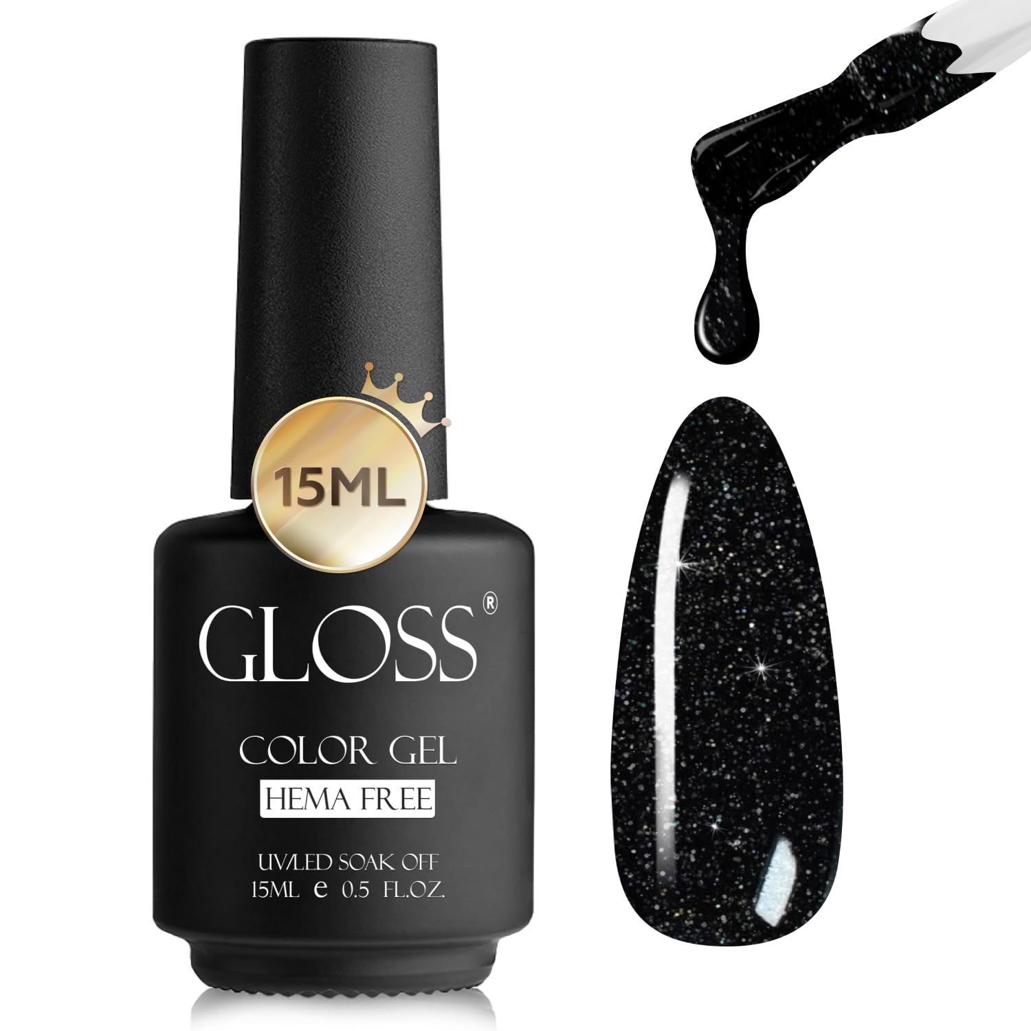 GLOSS Gel Nail Polish | Black Sparkle 15 ml 1 pcs - HEMA Free Nail Polish, Black Soak Off UV LED Gel Varnish, Gel Manicure Nail Art Design for Home &amp; Salon Use, Perfect Holiday Gifts for Women &amp; Girls