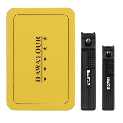 HAWATOUR Nail Clippers Set, Ultra Sharp Curved Blade Fingernail and Toenail Clipper Cutters with Visibly Tin Case, Squares and Stripes, Black