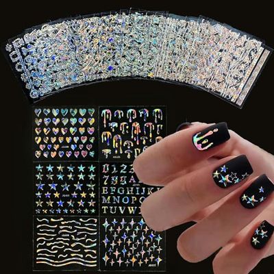 30 Sheet Aurora Star Nail Art Stickers Silver 3D Self-Adhesive Laser Line Nail Decals Holographic Sliver Nail Stickers for Shiny Design Acrylic Nail Supplies DIY Decoration for Women Girls