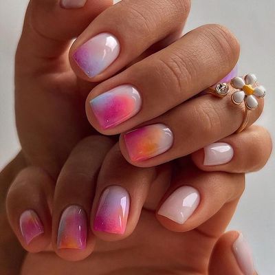 ORZOLATENT Sunset Ombre Press-On Nails - Pink &amp; Orange Gradient, Glossy Gel, Long-Lasting &amp; Easy DIY