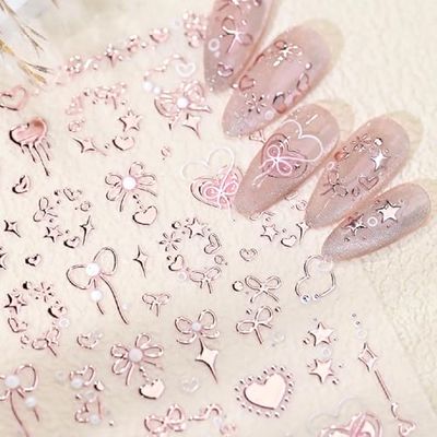 Valentines 5D Embossed Nail Art Stickers Romantic Rose Gold Nail Decals Self Adhesive Bronzing Bow Heart Nail Stickers Valentines Pink Nail Design Stickers Star Nail Art Supplies for Women
