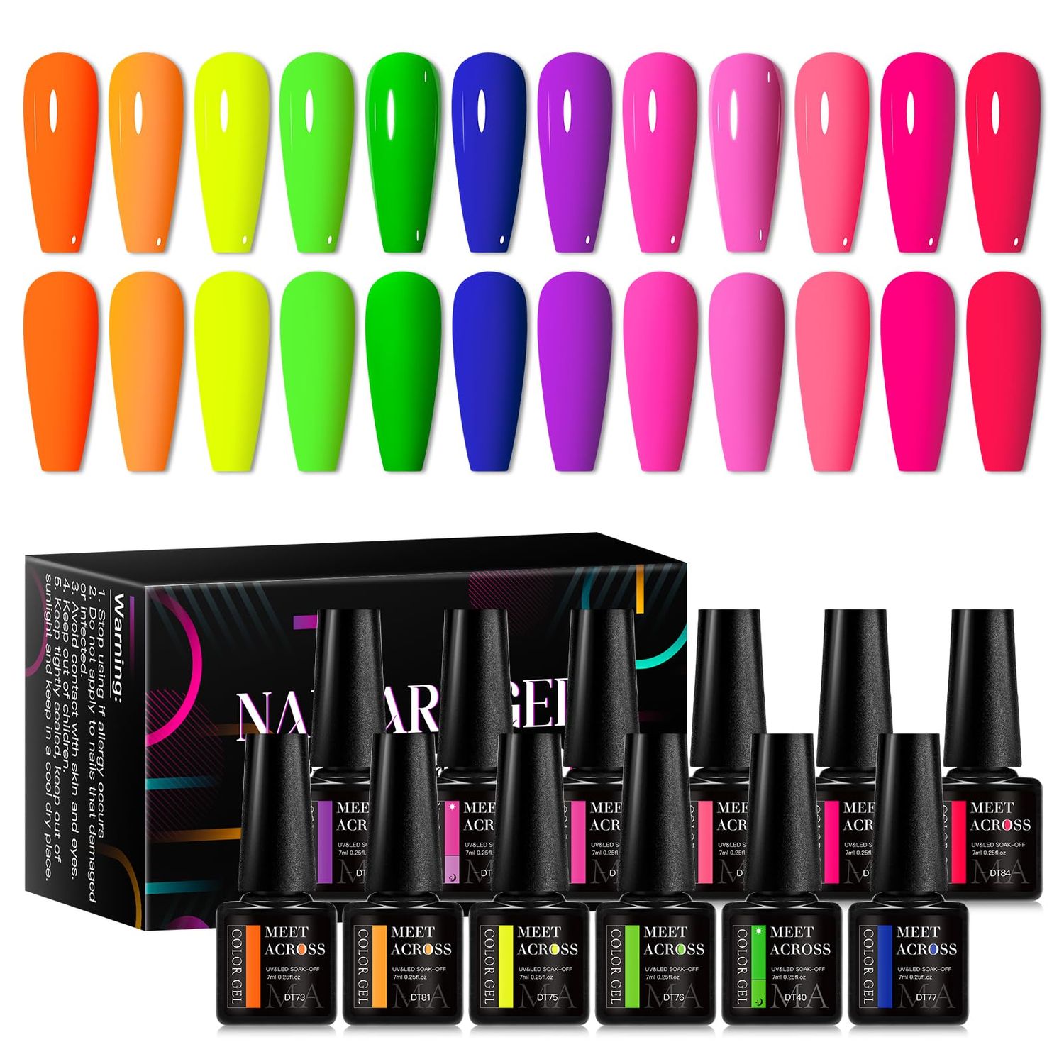MEET ACROSS 12pcs Gel Nail Polish Set,Soak Off UV LED Lamp Gel Nail Polish Kit,Fashion Shimmer Nail Art Design Gifts for Women Manicure Salon (Neon series)