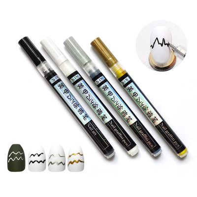 LOKFAR 4 Colors Nail Art Pens Set, Water-Proof Quick-Drying Fine Tip Nail Polish Markers Pens for DIY Abstract Liner Dotting &amp; Painting 3D Flower Pattern (BlackWhiteGoldenSilver)