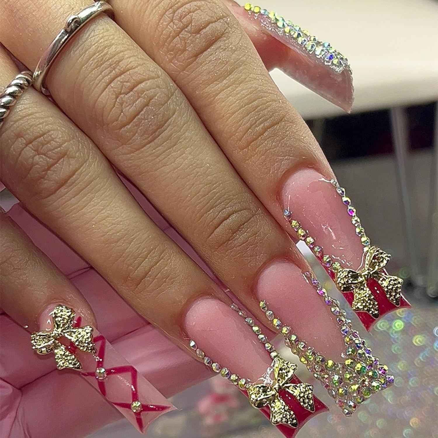 24 Pcs Coffin Press on Nails Long Red French Tip Fake Nails with 3D Gold Bow Glitter Colorful Rhinestones Designs Stick on Nails Handmade False Nail Tips Red Line Full Cover Glue on Nails for Women