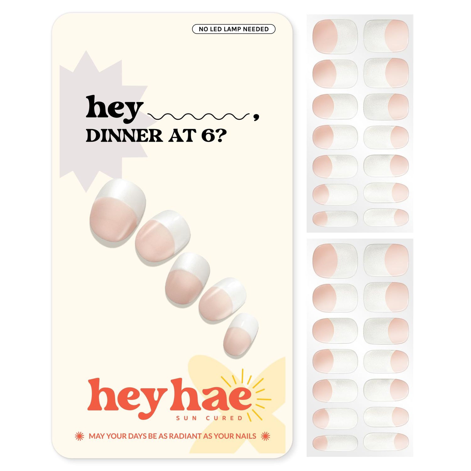 Heyhae Semi Cured Gel Nail Strips | No LED Lamp Needed | French, Pink, Spring | Easy Apply &amp; Remove, Salon Quality | Includes 28 Strips, 1 Prep Pads, Nail File &amp; Wooden stick - Hey, Dinner at 6?