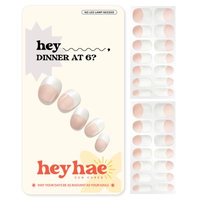 Heyhae Semi Cured Gel Nail Strips | No LED Lamp Needed | French, Pink, Spring | Easy Apply &amp; Remove, Salon Quality | Includes 28 Strips, 1 Prep Pads, Nail File &amp; Wooden stick - Hey, Dinner at 6?