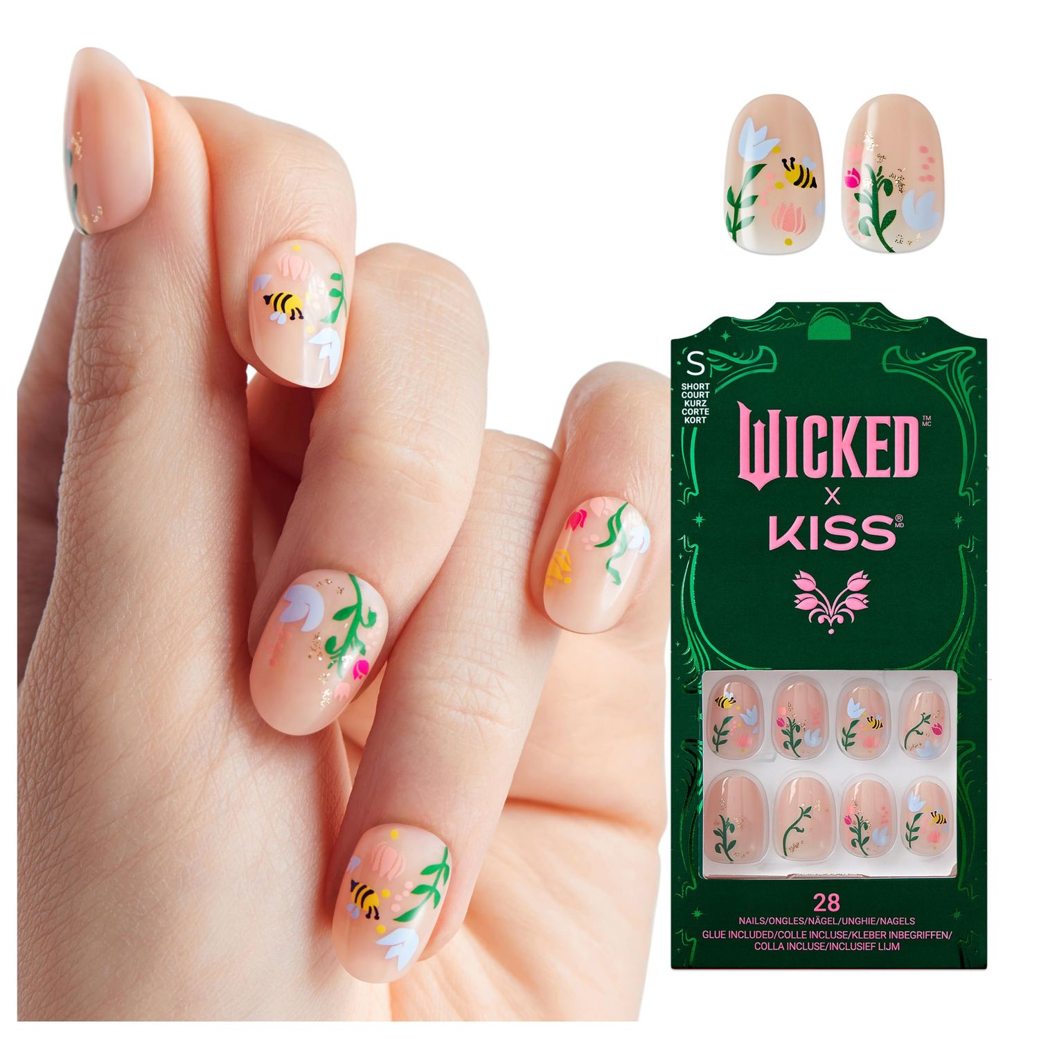 WICKED X KISS Press On Nails, Theres Joy, Neutral, Short Oval, Waterproof, Chip Proof, Smudge Proof, 28 Fake Nails, Pink Gel Nail Glue (2g), Mini Nail File, &amp; Manicure Stick