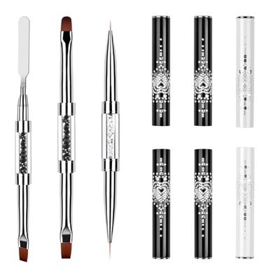 3pcs Hard Gel Brush Builder Gel Brushes for Nails, Dual-Ended Nail Design Brushes Rhinestone Handle Nail Brush Professional Nail Art French Manicure Brush French Tip Nail Gel Liner Brush for Design Na