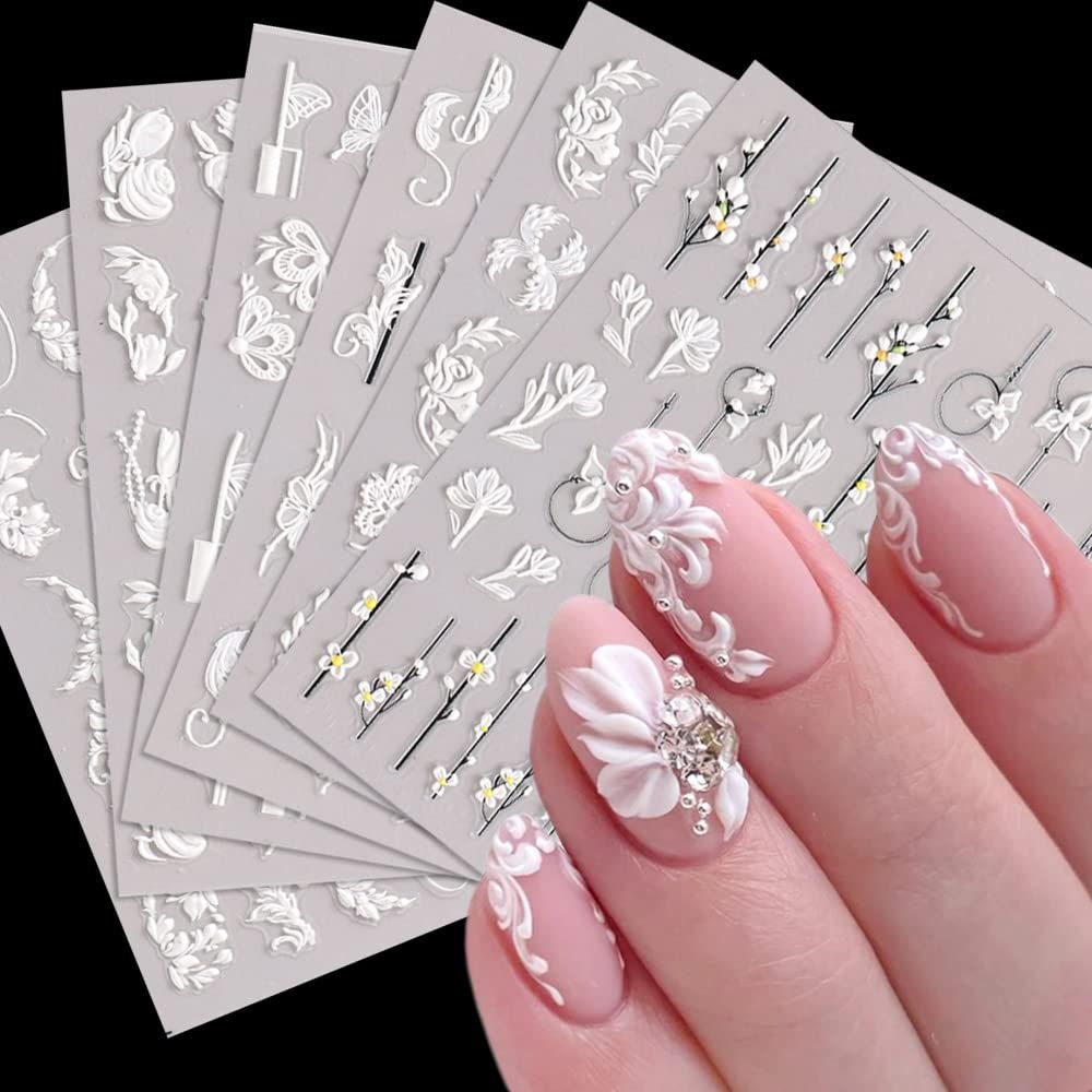 5D Flowers Nail Art Stickers - 6 Sheets Relief Flower Nail Decals Self-Adhesive - White Flowers, Butterfly - DIY Floral Nail Decorations for Women