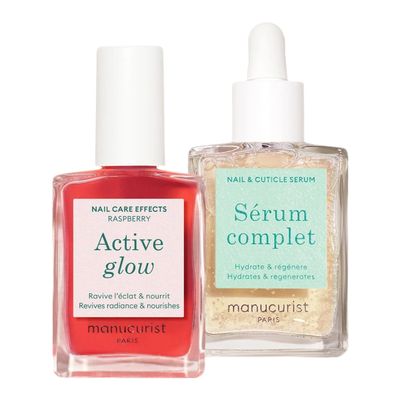 Manucurist Healthy Glow Duo - Active Glow Raspberry (Pink) Repairing Nail Polish Care &amp; Complete Nail &amp; Cuticle Serum - 2 in 1 Nail Strengthener Polish - Plant-Based Formula - Beauty Gift for Women