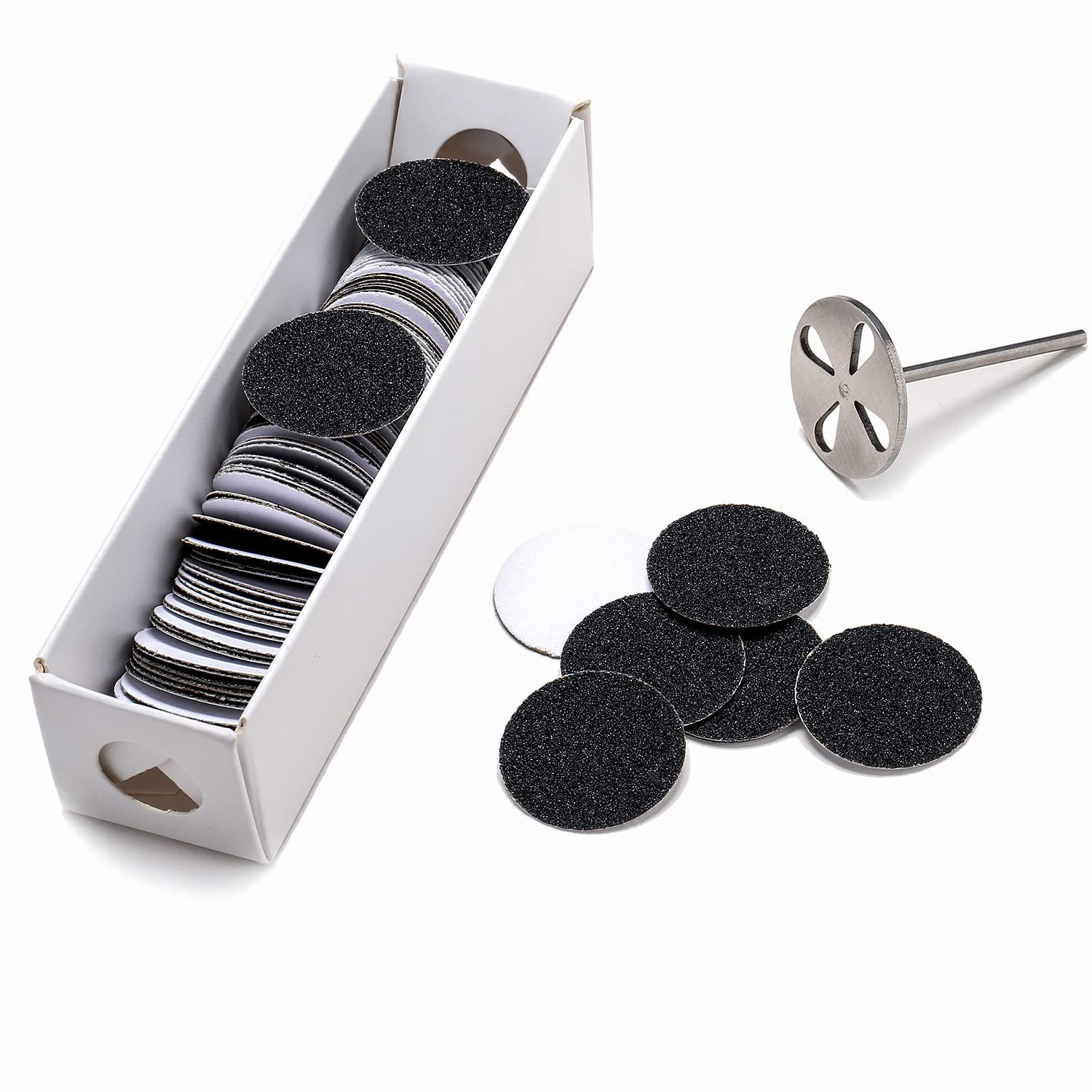 100pcs Sandpaper Disc and 1pcs Metal Bit, 3/32 Shank Replaceable Pedicure Sanding Disc Bit for Dead Skin Callus Removal Electric Foot File Tools (150(Medium))