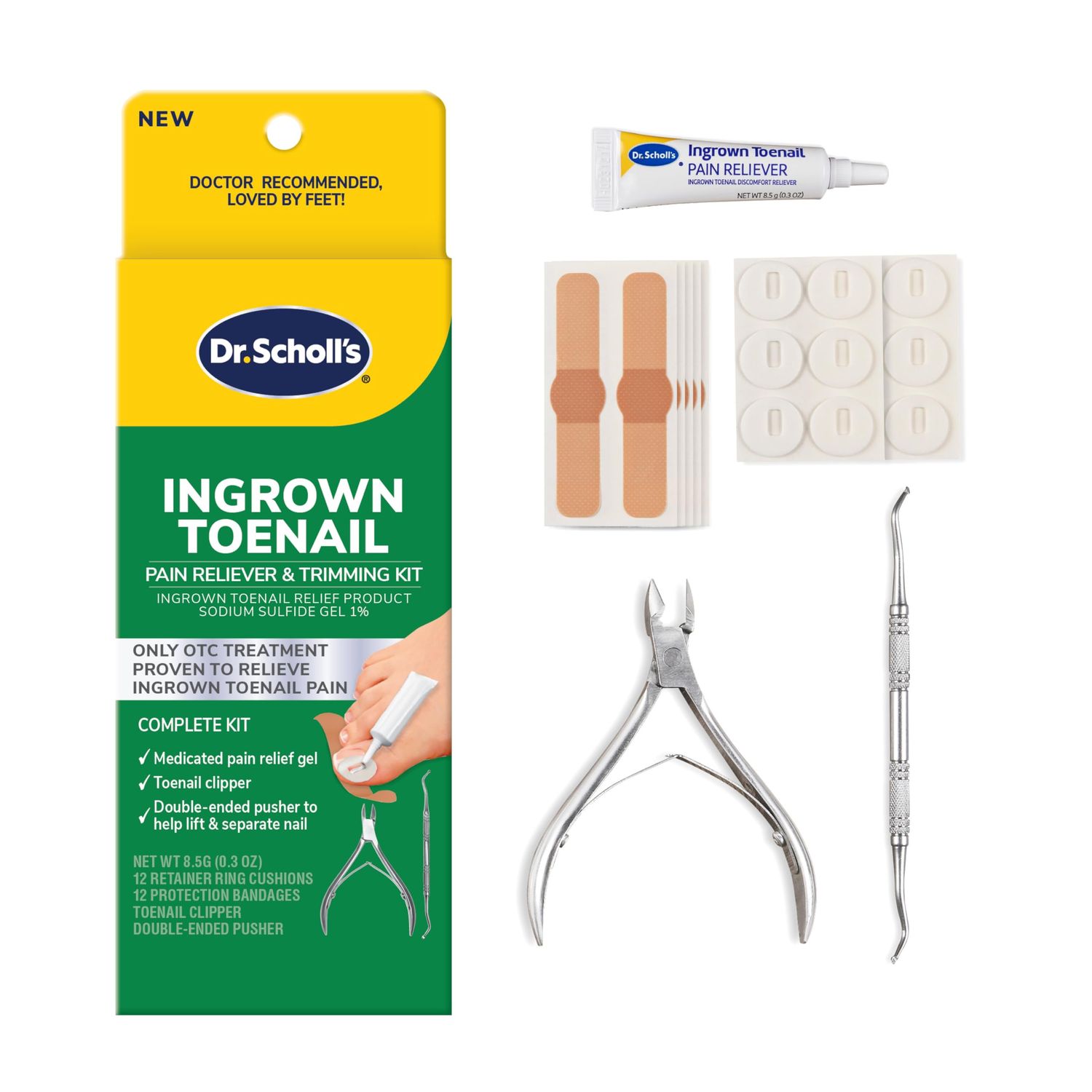 Dr. Scholls INGROWN TOENAIL PAIN RELIEVER &amp; TRIMMING KIT, 0.3 oz // Only OTC Treatment Proven to Relieve Ingrown Toenail Pain - Includes Medicated Gel Foam Rings Bandages Clipper &amp; Pusher Tools