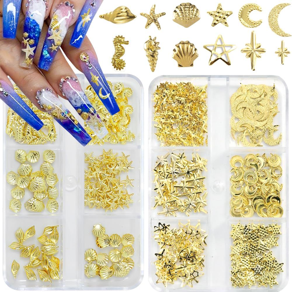 Gold Nail Charms, 2Boxes Gold Star Ocean Nail Gems Charms, Metal Small Star Moon Seashell Starfish Summer Charms for Acrylic Nail Art Alloy Nail Rhinestones for Women DIY Accessories