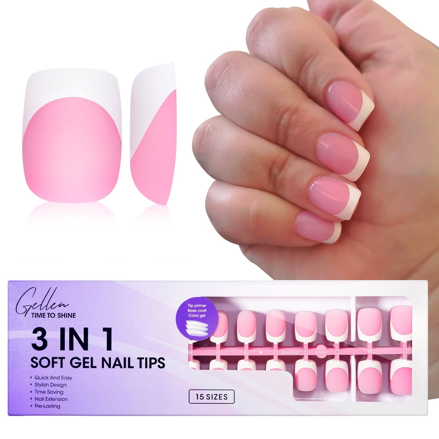 Gellen French Tip Press on Nails - 150 pcs Pink Square Short Press on Nails Soft Gel Nail Tips, 3 in 1 Pre-french French Tips 15 Sizes Fake Nails, No Need to File Full Cover Tips, No Nail Glue