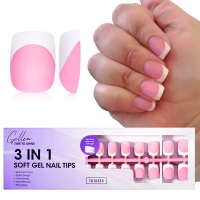 Gellen French Tip Press on Nails - 150 pcs Pink Square Short Press on Nails Soft Gel Nail Tips, 3 in 1 Pre-french French Tips 15 Sizes Fake Nails, No Need to File Full Cover Tips, No Nail Glue