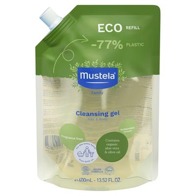 Mustela Certified Organic Eco-Refill Cleansing Gel - Natural Hair &amp; Body Wash with Olive Oil &amp; Aloe Vera - For Baby, Kid &amp; Adult - Fragrance Free, Tear Free, Vegan &amp; Biodegradable - 13.52 fl. oz.