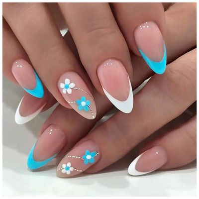 Press on Nails Short Almond Fake Nails with Fresh Simple blue&amp;white flowers Design Glue on Nails Acrylic Nails Decorate False Nails with Glue French Oval Stick on Nails For Women Girls 24Pcs