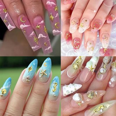 Gold Nail Charms, 2Boxes Gold Star Ocean Nail Gems Charms, Metal Small Star Moon Seashell Starfish Summer Charms for Acrylic Nail Art Alloy Nail Rhinestones for Women DIY Accessories