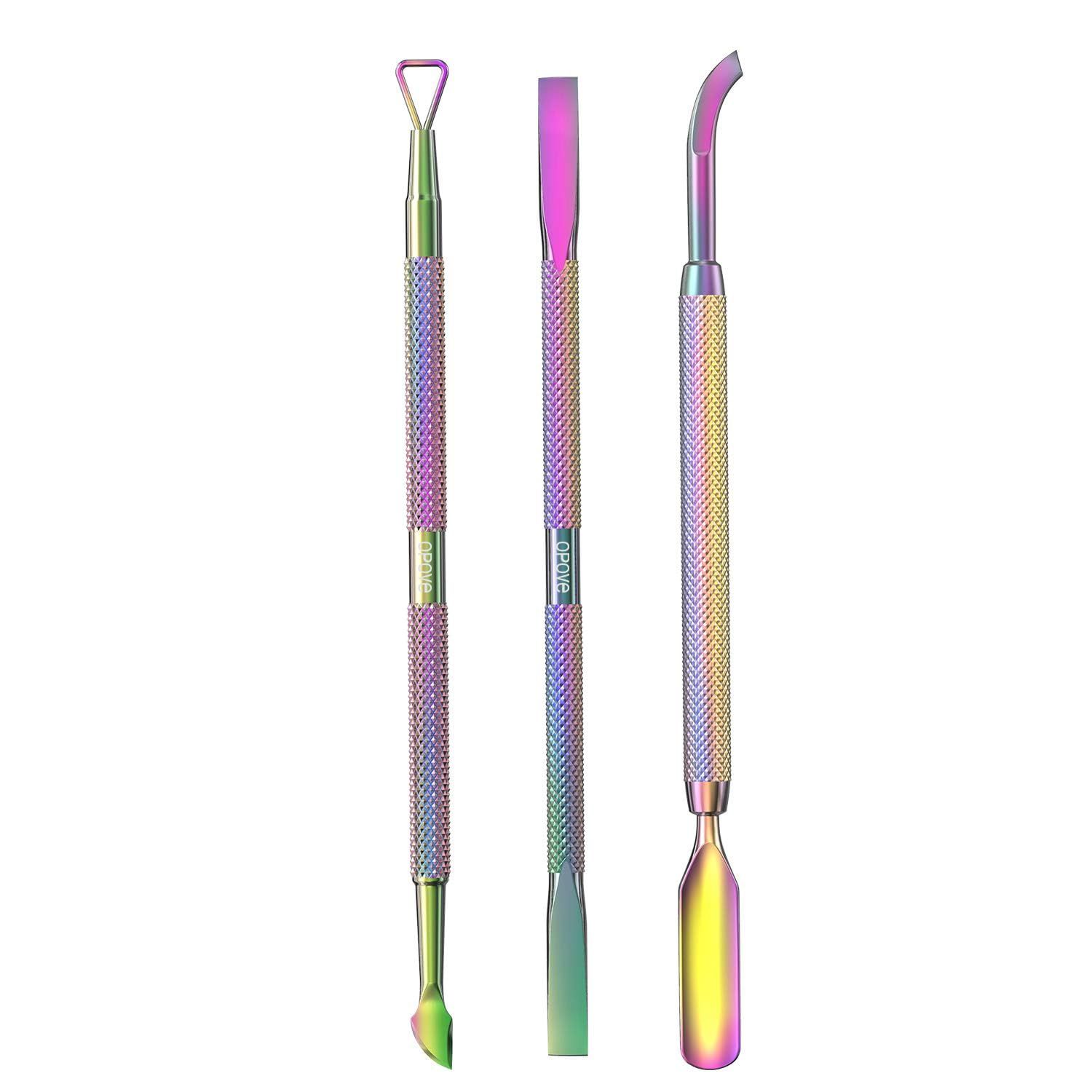 Cuticle Pusher Acetone/Gel/Nail Polish Remover Stainless Steel Professional 3pcs Set Cuticle Scraper Fingernails &amp; Toenails Clean Manicure Tools Cuticle Care for Women&amp;Girl,opove CP-3 (Rainbow Color)
