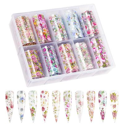 MOLILON Holographic Nail Foil Sheets Flower Transfer Foil Nail Wraps Nail Foils Floral Nail Stickers Decals for Nail Art Accessories DIY Decoration (10 Roll, Length 39.3in), Style 3