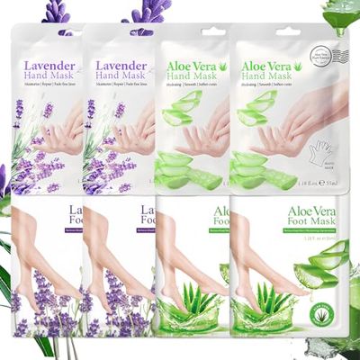 ASMAYSA 8 Pairs Hand and Feet Mask, Hand Gloves Moisturizing, Hydrating Foot Mask, Aloe Vera &amp; Lavender Hand and Foot Mask, Hand &amp; Feet Peeling Mask for Men Women Repairing Dry, Cracked Skin