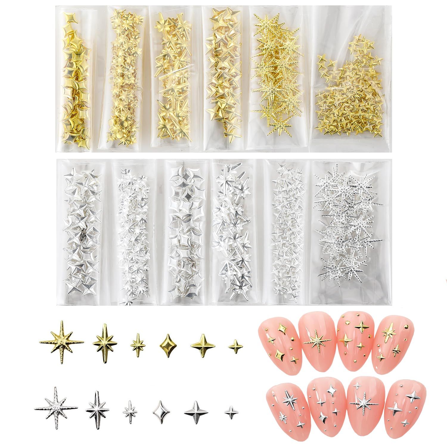 850Pcs Nail Charms - TemBelle Star Nail Charms Bulk Set for Acrylic Nails, Bling Gold Charms for Nails &amp; 3D Cute Silver Nail Charms Nail Gems Y2K Nail Charms Nail Art Rhinestones Supplies Accessories