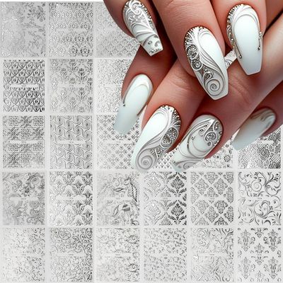 30 Sheets Silver Nail Art Stickers 3D Self-Adhesive Silver Lace Hollow Nail Decals Retro Nail Stickers Adhesive Nail Supplies Nail Art Design for DIY Acrylic Nails Decoration for Women