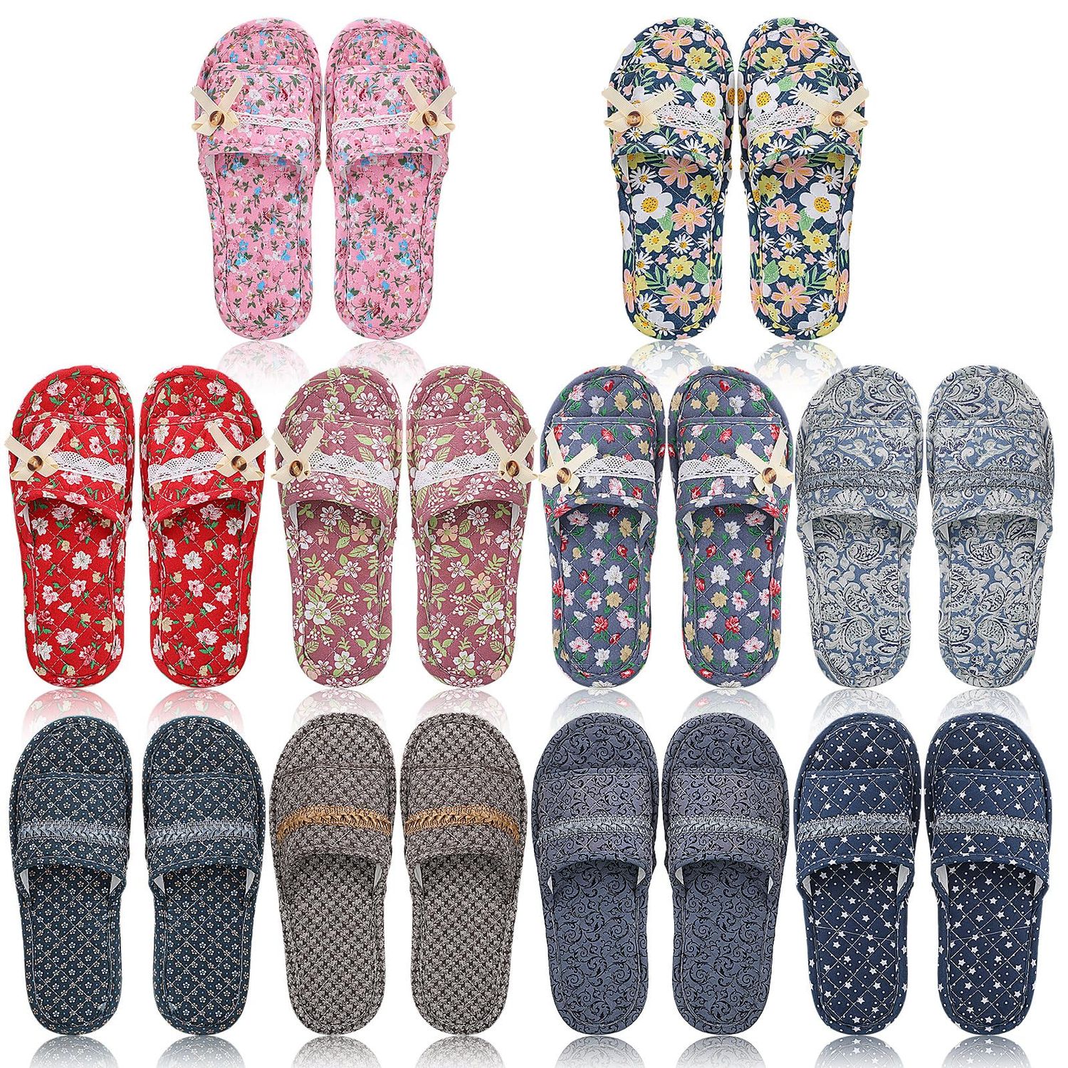 Chuarry 10 Pairs Floral Cotton House Slippers for Guest Women Washable Indoor Cotton Slippers Open Toe for Hotel Travel Airplane Spa, 2 Sizes