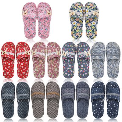 Chuarry 10 Pairs Floral Cotton House Slippers for Guest Women Washable Indoor Cotton Slippers Open Toe for Hotel Travel Airplane Spa, 2 Sizes