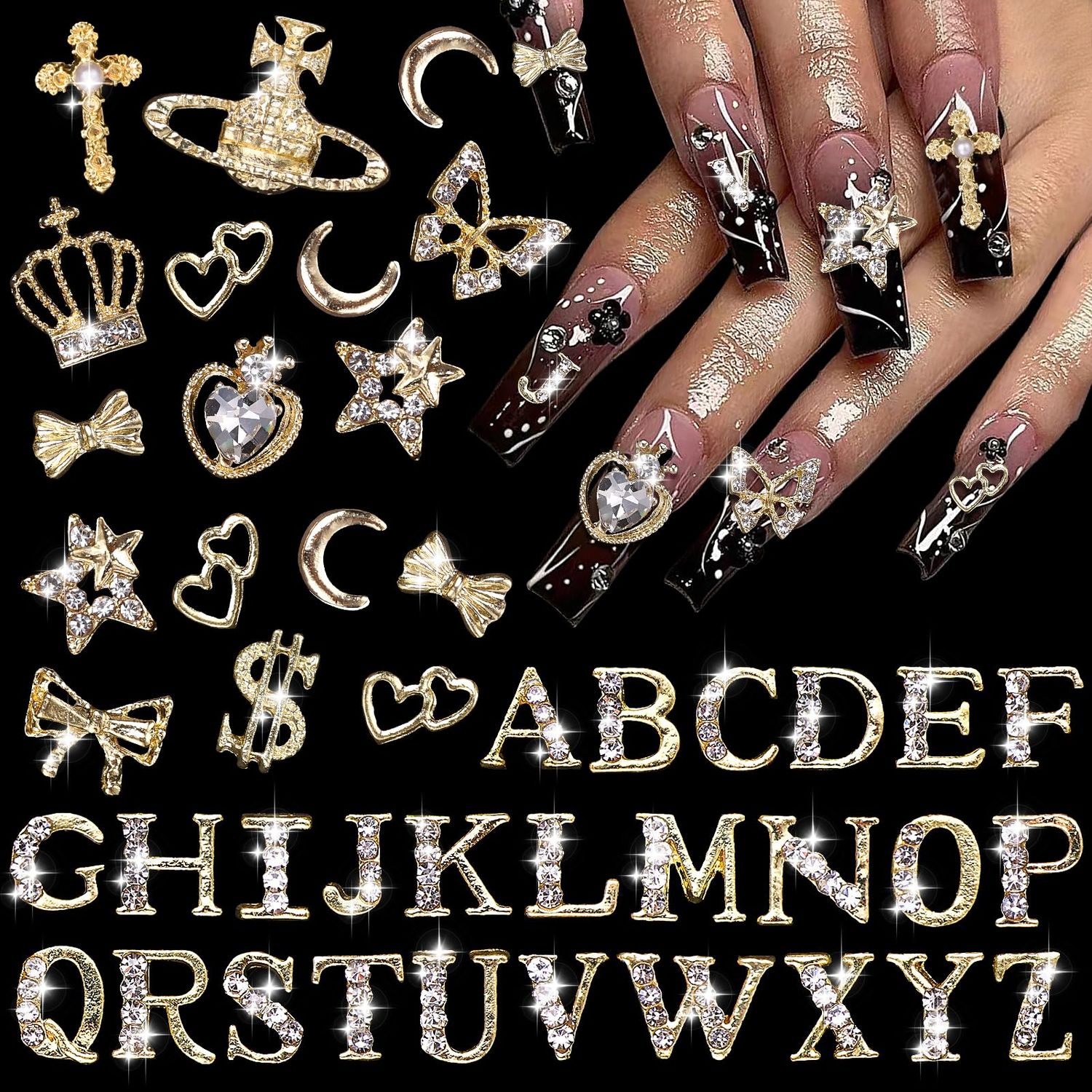 66 Pcs Gold Nail Charms, Shiny Letter Nail Charms, Golden Butterfly Star Dollar Bows Heart Saturn Cross Alloy Nails Gems Charm, 3D Y2K Gold Charm for Nails Art DIY