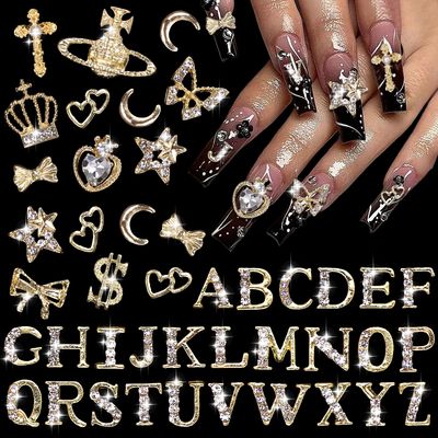 66 Pcs Gold Nail Charms, Shiny Letter Nail Charms, Golden Butterfly Star Dollar Bows Heart Saturn Cross Alloy Nails Gems Charm, 3D Y2K Gold Charm for Nails Art DIY