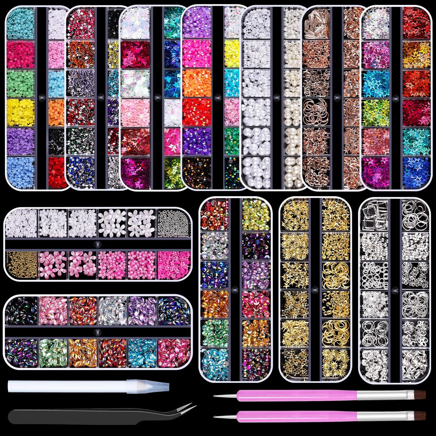 12 Boxes Nail Art Kit, Colorful Crystal Rhinestones 2-6mm Flatback Pearls Acrylic Flower Nail Charms Caviar Beads 3D Metal Gold Studs Rivet Holographic Iridescent Glitter Sequins with Pickup Tools