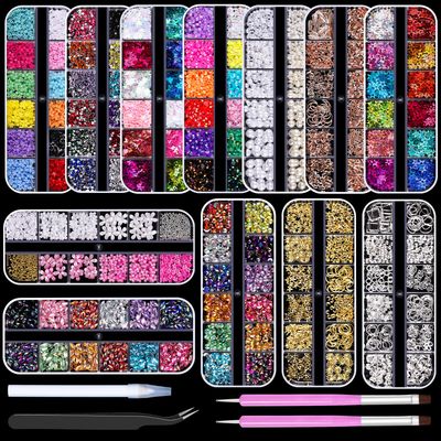 12 Boxes Nail Art Kit, Colorful Crystal Rhinestones 2-6mm Flatback Pearls Acrylic Flower Nail Charms Caviar Beads 3D Metal Gold Studs Rivet Holographic Iridescent Glitter Sequins with Pickup Tools