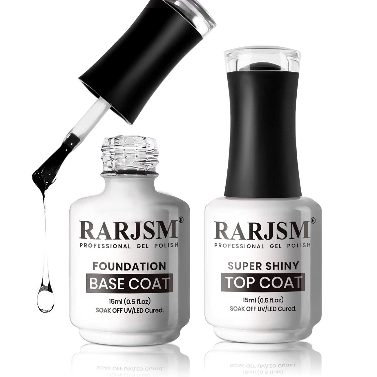 RARJSM Base and Top Coat Clear Shine Glossy Mirror Long Lasting Nail Art Gel Polish 15ml Big Capacity Soak Off 2pcs Set LED UV Curing Requires for Home Salon DIY Nail Manicure