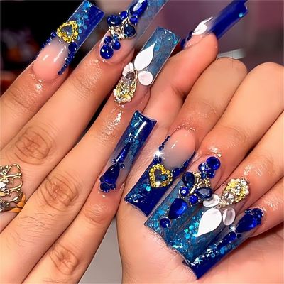 QQPPOLIU Royal Blue Press on Nails Long Length Square Shape Acrylic Fake Nails with Rhinestones Designs False Nails MotherS Day Gift 24pcs