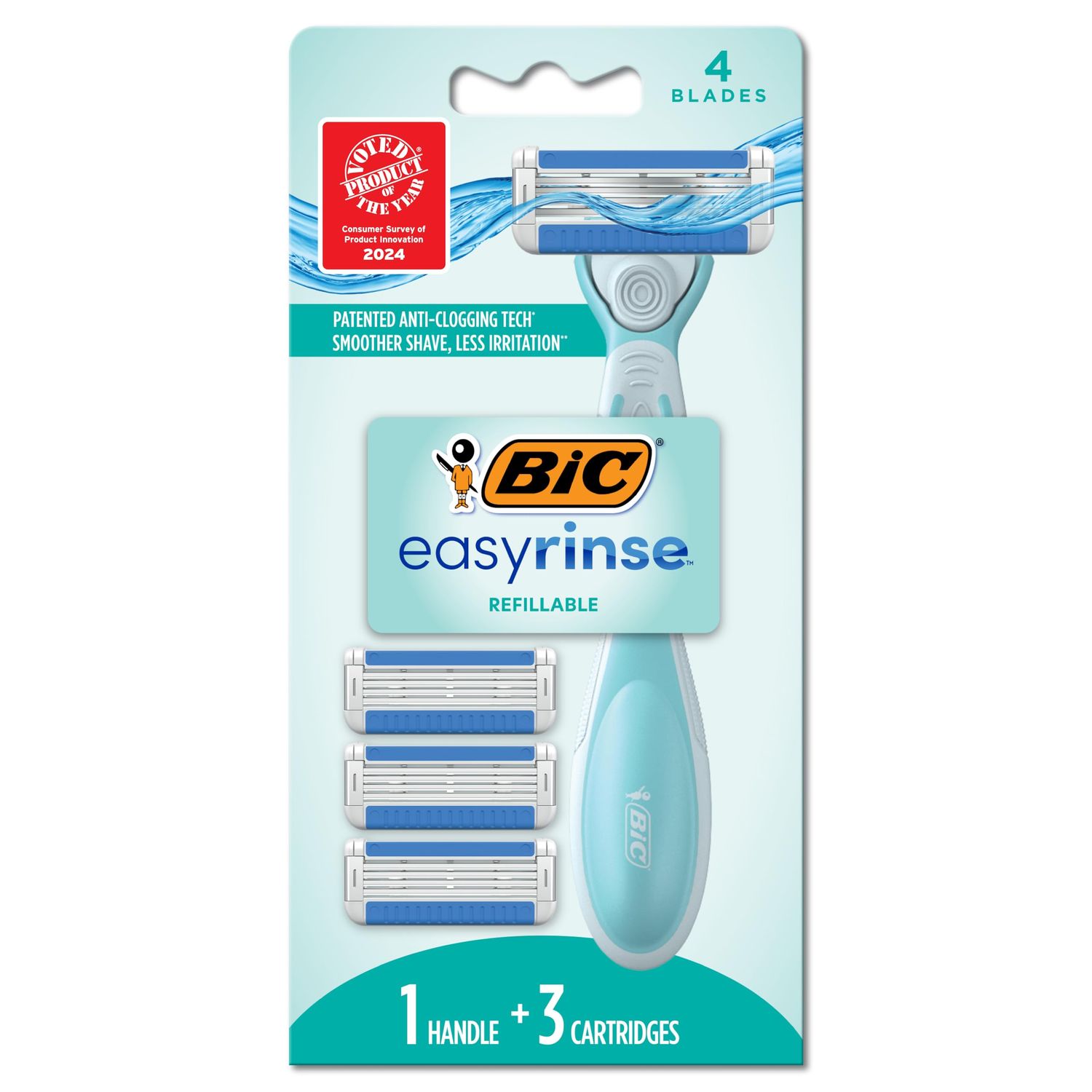 BIC EasyRinse Anti-Clogging, Refillable Womens Razors With 4 Blades, 1 Razor Handle and 3 Refill Razor Cartridges Razor Kit